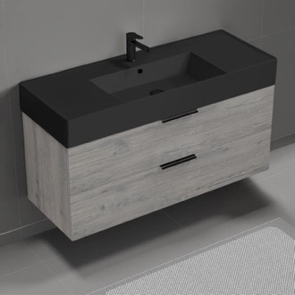 Bathroom Vanity Grey Oak Bathroom Vanity With Black Sink, Wall Mounted, 48